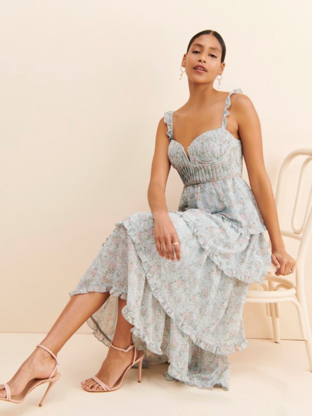 Anthropolgie ASTR The Label Blue Pink Floral Flutter Strap Ruffle Maxi Dress Med